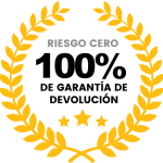 Sello dorado de garantía con laureles con el texto "RIESGO CERO 100% DE GARANTÍA DE DEVOLUCIÓN"