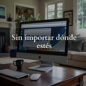 Pantalla de ordenador en una mesa con un teclado, un ratón y una taza con texto "Sin importar dónde estés"